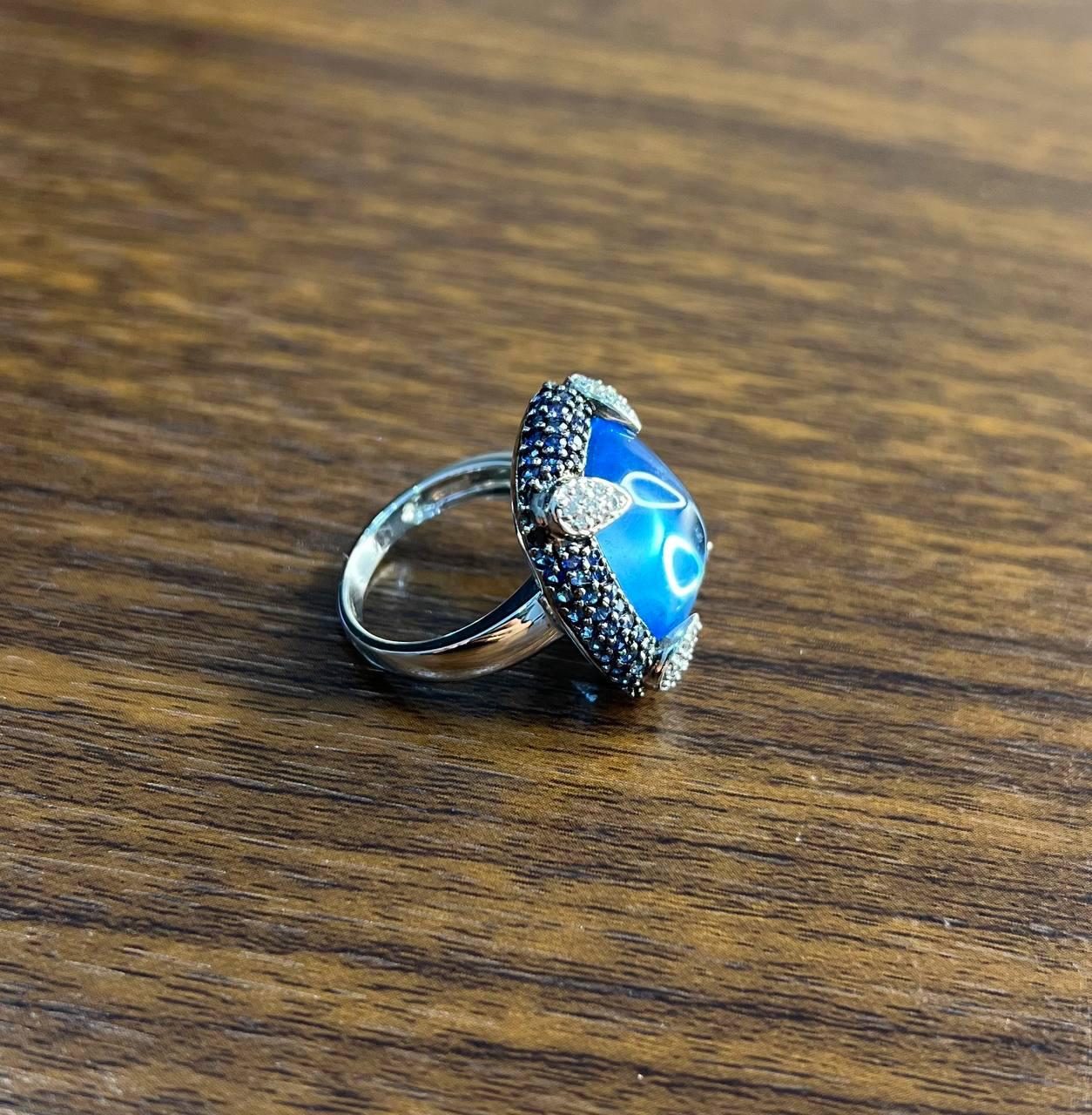 Rectangular Blue Topaz Sugarloaf Cabochon Diamond Blue Sapphire White Gold Ring