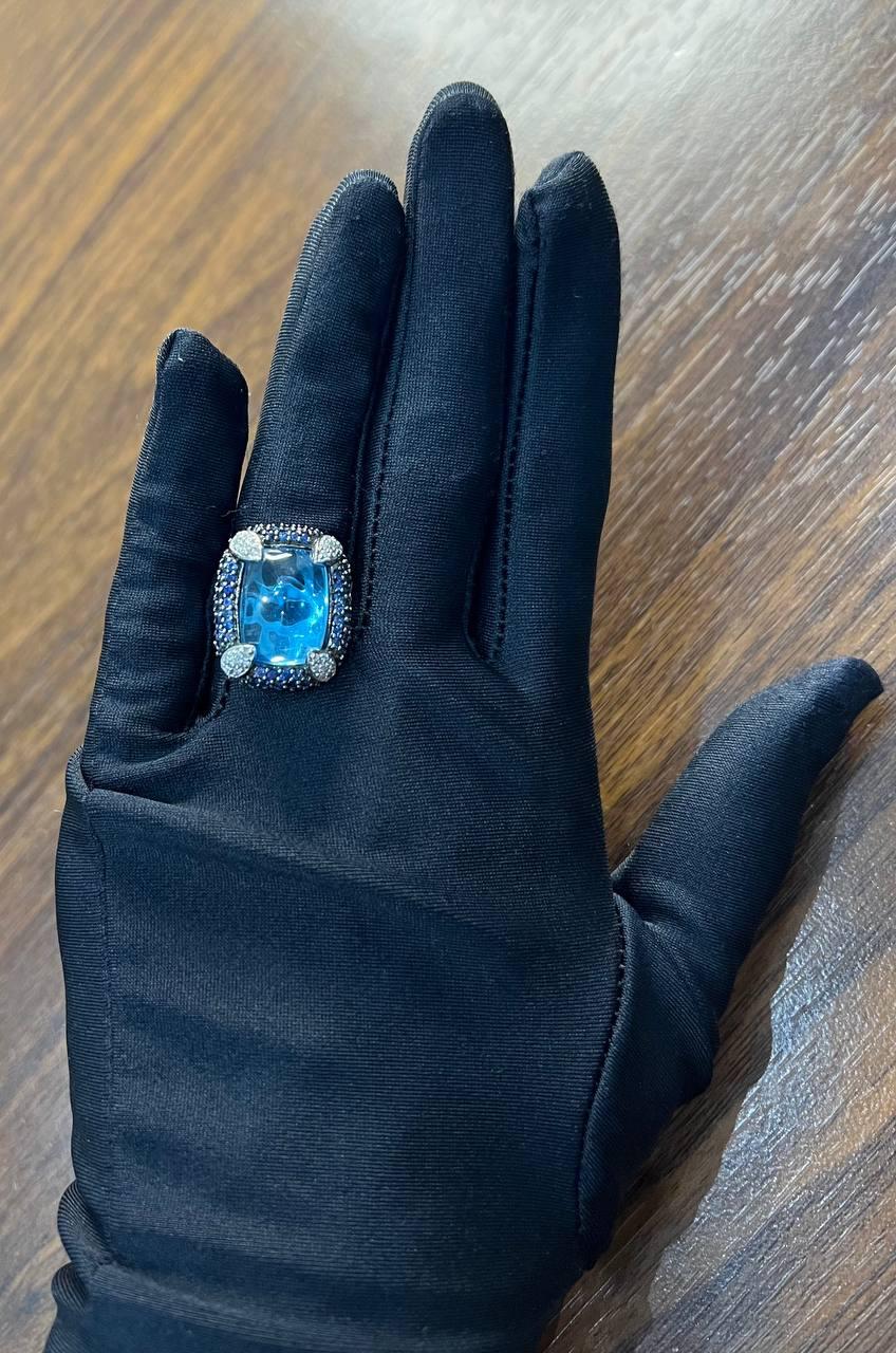 Rectangular Blue Topaz Sugarloaf Cabochon Diamond Blue Sapphire White Gold Ring