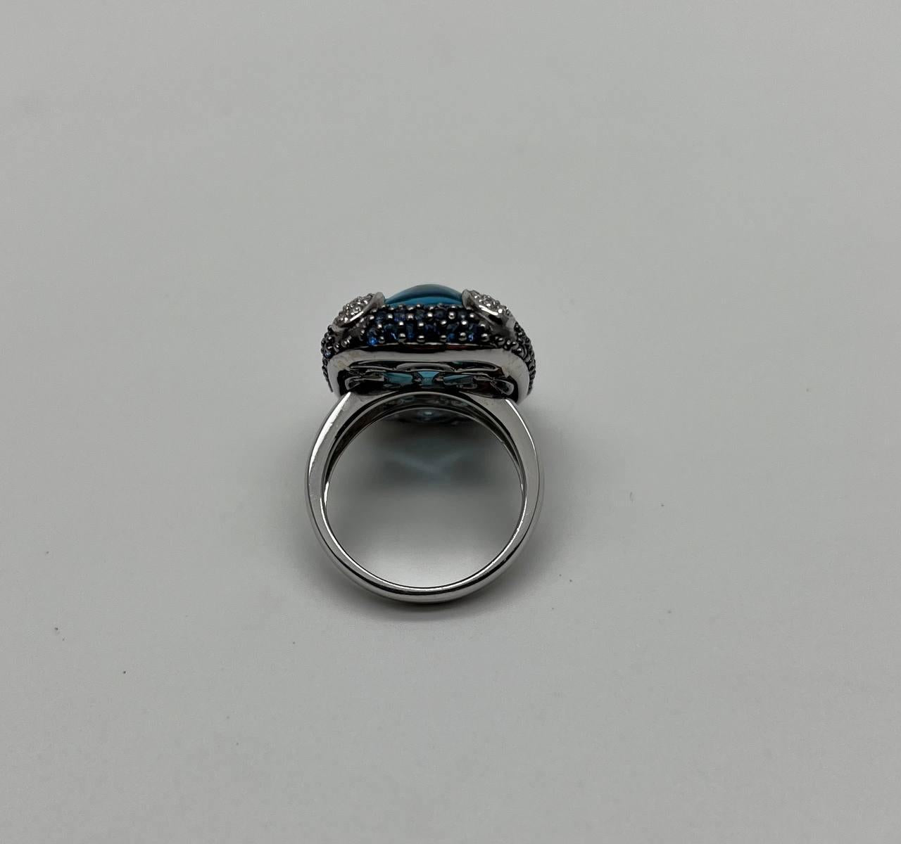 Rectangular Blue Topaz Sugarloaf Cabochon Diamond Blue Sapphire White Gold Ring