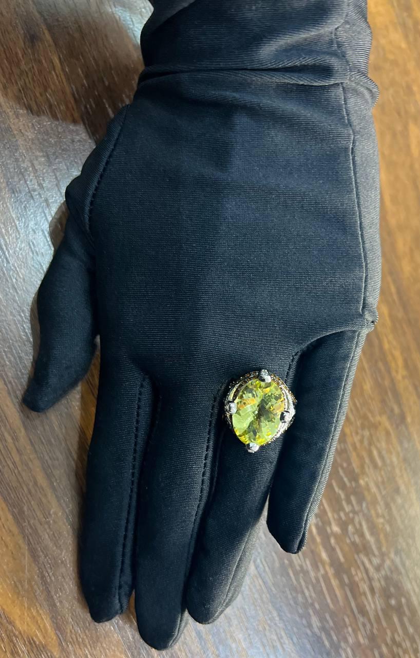 Oval Light Yellow Lemon Quartz Sapphire Prong Halo Diamonds 18K White Gold Ring