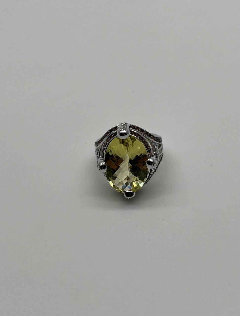Oval Light Yellow Lemon Quartz Sapphire Prong Halo Diamonds 18K White Gold Ring