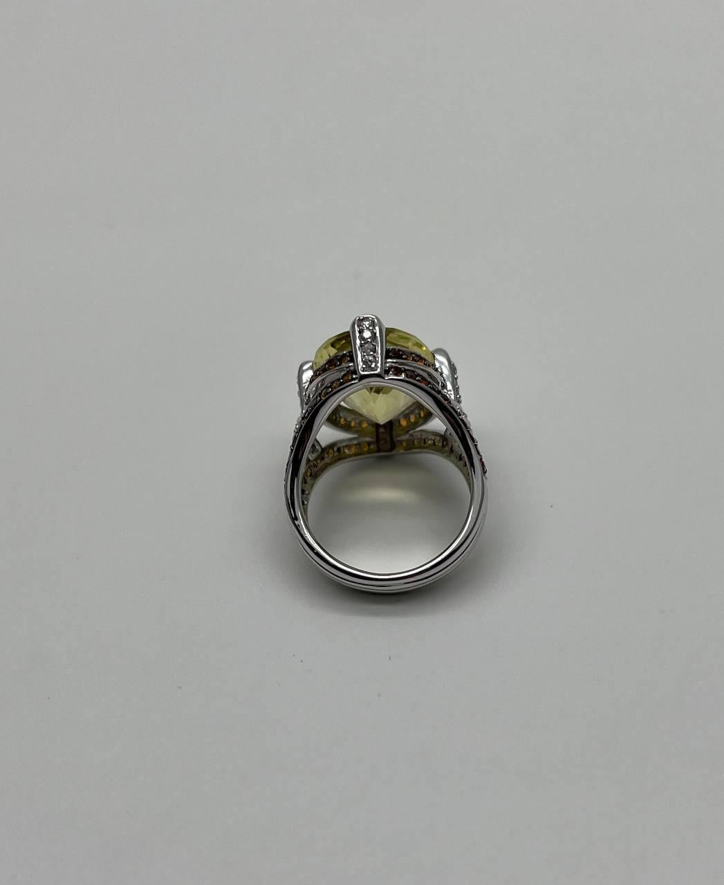 Oval Light Yellow Lemon Quartz Sapphire Prong Halo Diamonds 18K White Gold Ring