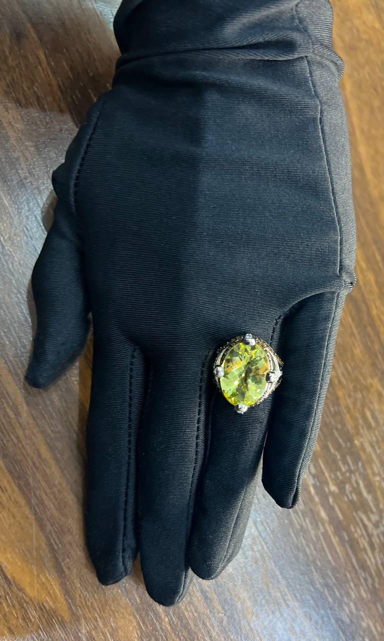 Oval Light Yellow Lemon Quartz Sapphire Prong Halo Diamonds 18K White Gold Ring