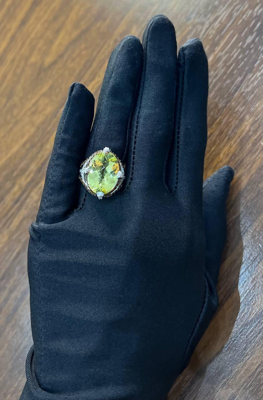 Oval Light Yellow Lemon Quartz Sapphire Prong Halo Diamonds 18K White Gold Ring