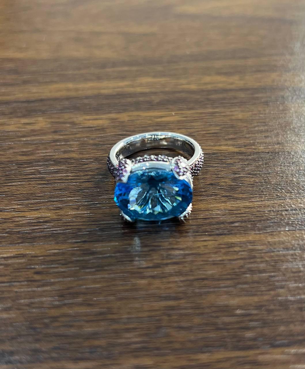 Oval Shape Blue Topaz Pavé Set Pink Sapphires 14K White Gold Band Cocktail Ring