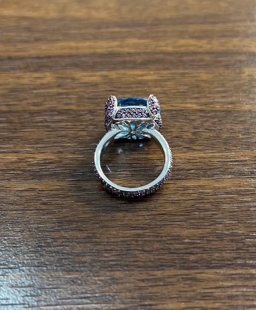 Oval Shape Blue Topaz Pavé Set Pink Sapphires 14K White Gold Band Cocktail Ring
