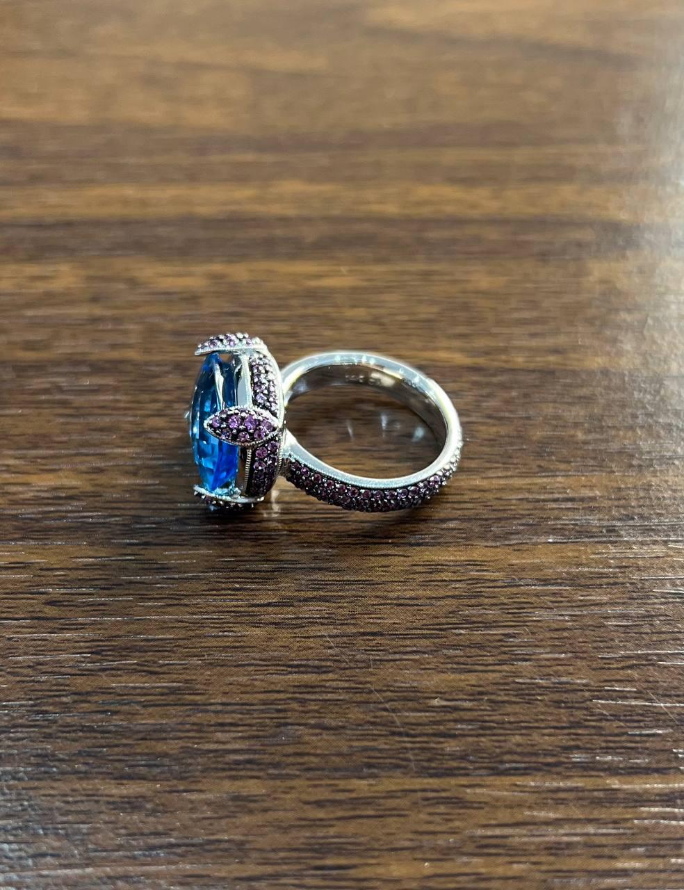 Oval Shape Blue Topaz Pavé Set Pink Sapphires 14K White Gold Band Cocktail Ring