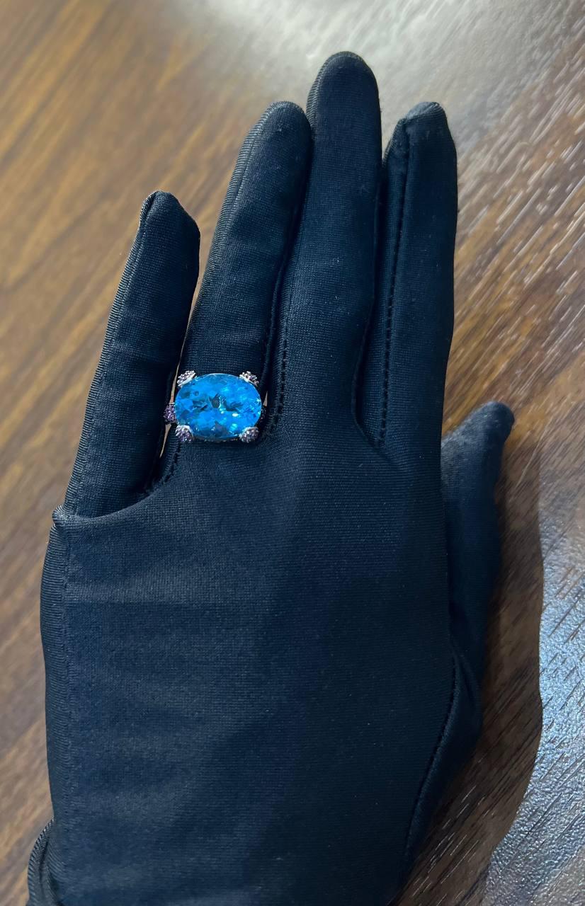 Oval Shape Blue Topaz Pavé Set Pink Sapphires 14K White Gold Band Cocktail Ring