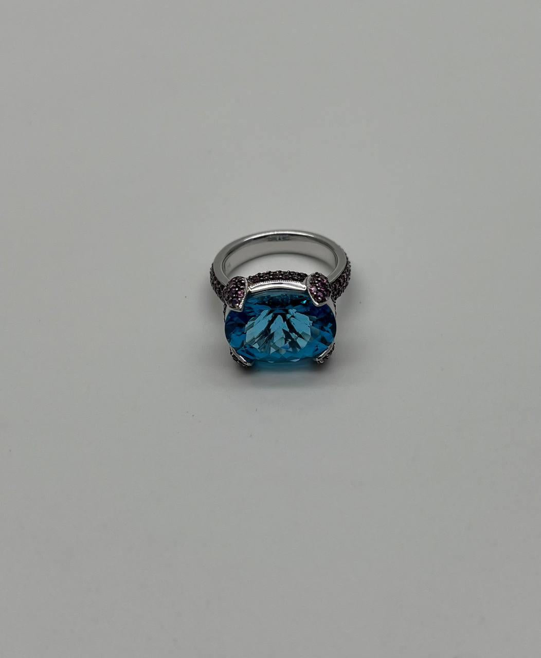 Oval Shape Blue Topaz Pavé Set Pink Sapphires 14K White Gold Band Cocktail Ring