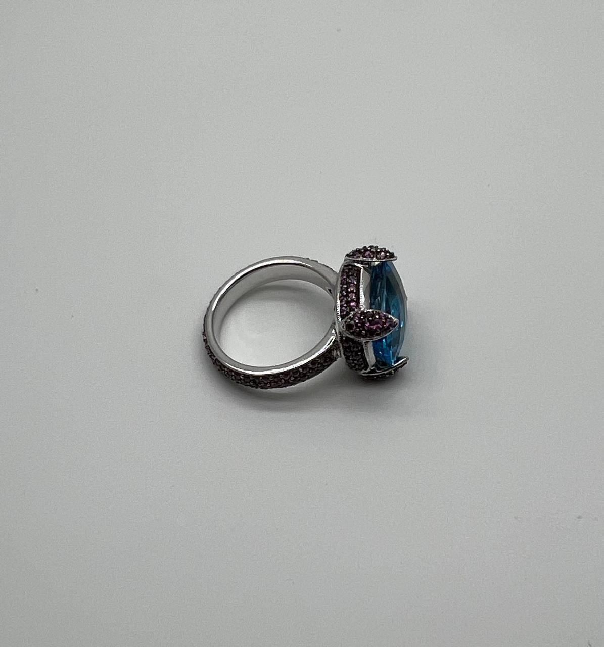 Oval Shape Blue Topaz Pavé Set Pink Sapphires 14K White Gold Band Cocktail Ring