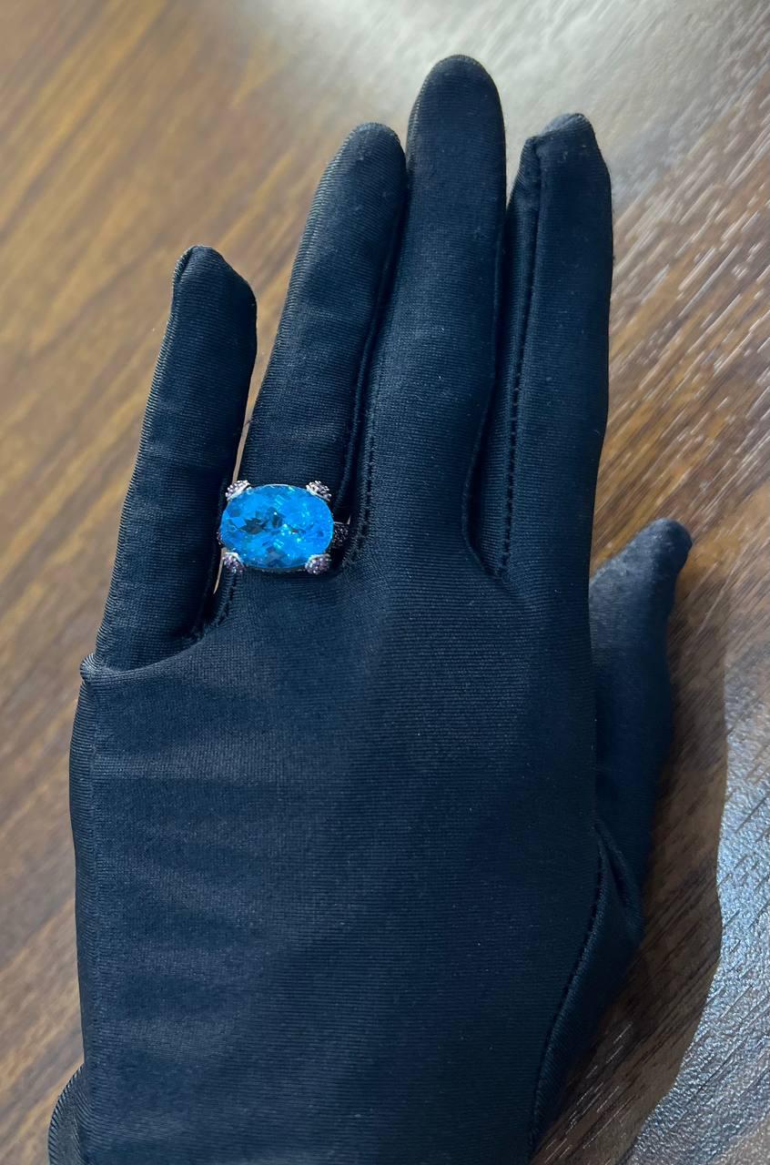 Oval Shape Blue Topaz Pavé Set Pink Sapphires 14K White Gold Band Cocktail Ring