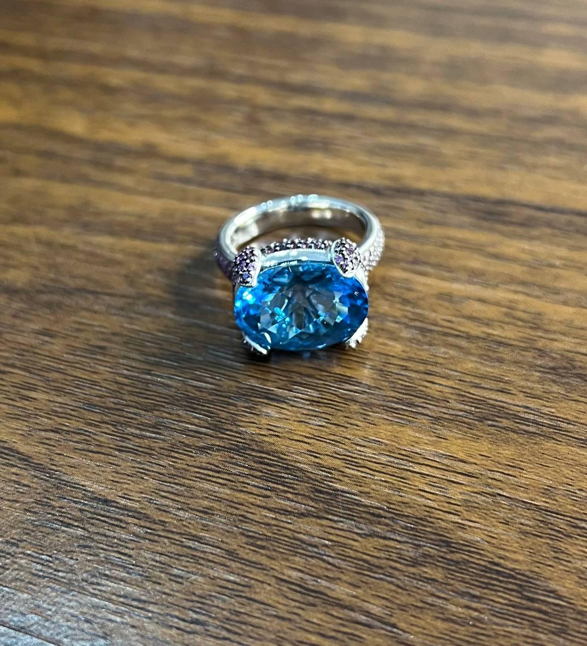 Oval Shape Blue Topaz Pavé Set Pink Sapphires 14K White Gold Band Cocktail Ring