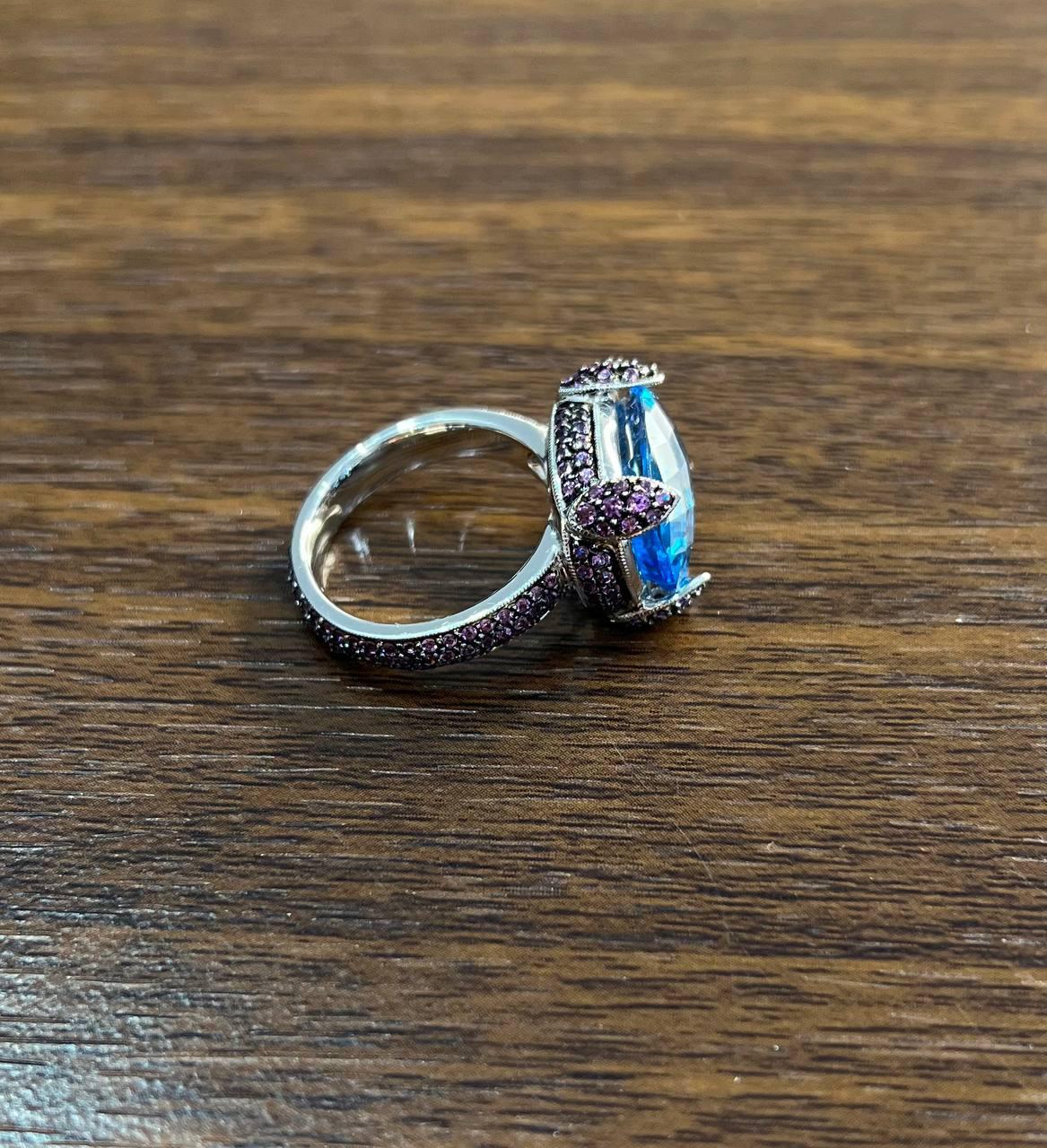 Oval Shape Blue Topaz Pavé Set Pink Sapphires 14K White Gold Band Cocktail Ring