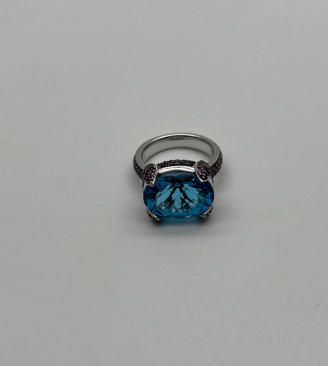 Oval Shape Blue Topaz Pavé Set Pink Sapphires 14K White Gold Band Cocktail Ring