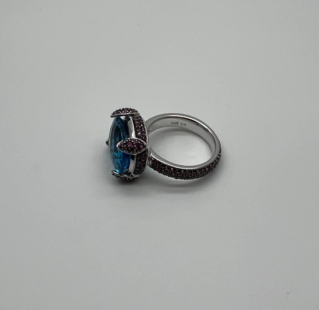 Oval Shape Blue Topaz Pavé Set Pink Sapphires 14K White Gold Band Cocktail Ring