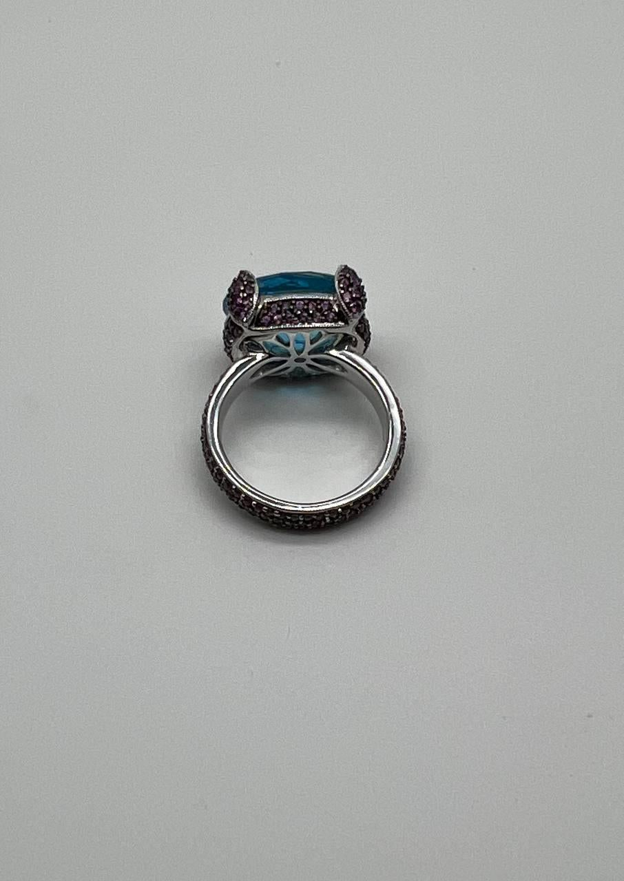 Oval Shape Blue Topaz Pavé Set Pink Sapphires 14K White Gold Band Cocktail Ring