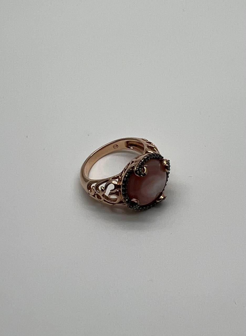 Pink Translucent Mother of Pearl Black Diamonds Halo 14K Rose Gold Cocktail Ring
