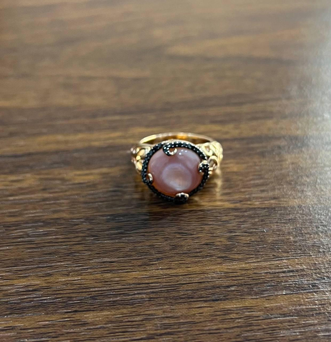 Pink Translucent Mother of Pearl Black Diamonds Halo 14K Rose Gold Cocktail Ring