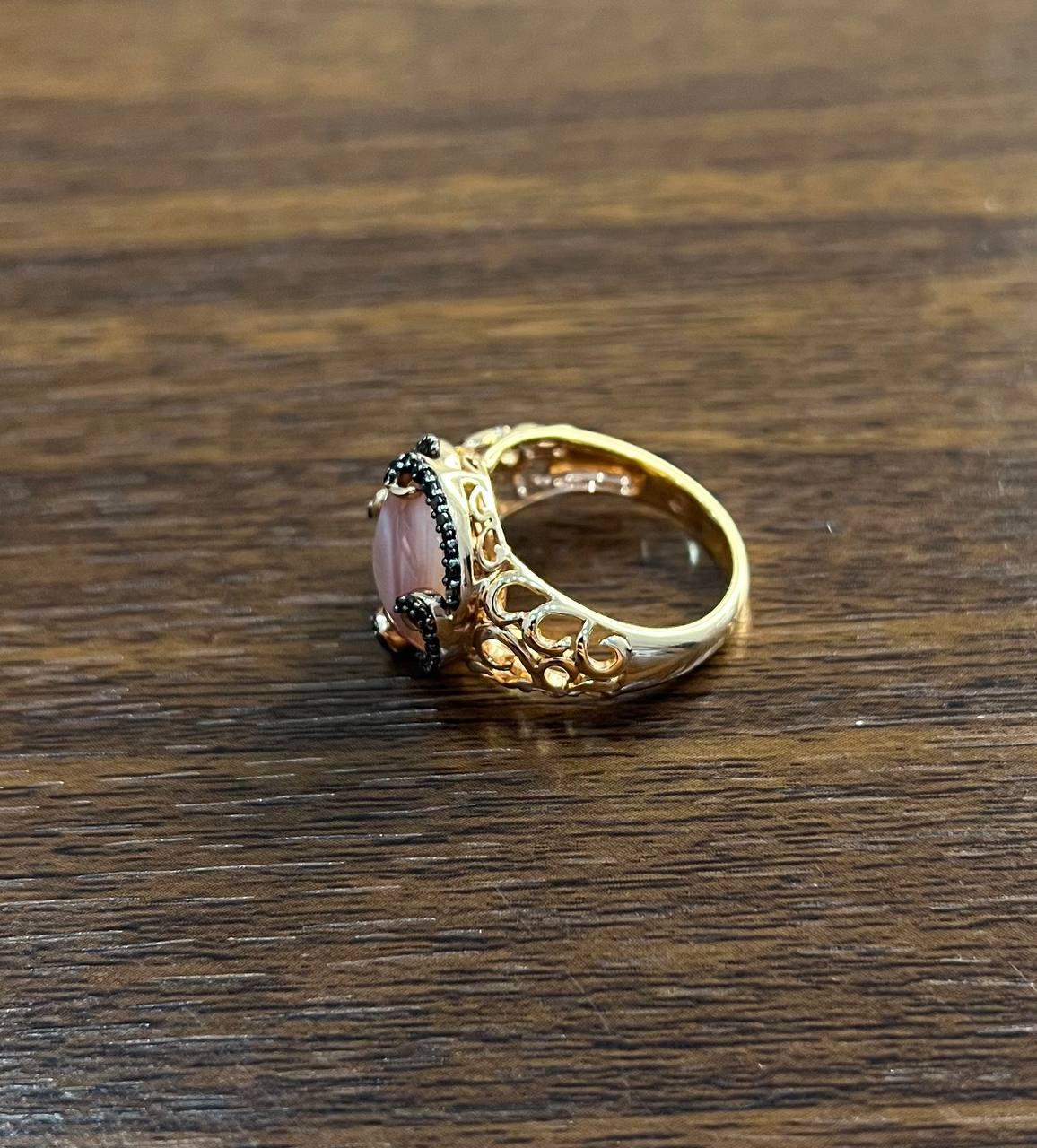 Pink Translucent Mother of Pearl Black Diamonds Halo 14K Rose Gold Cocktail Ring