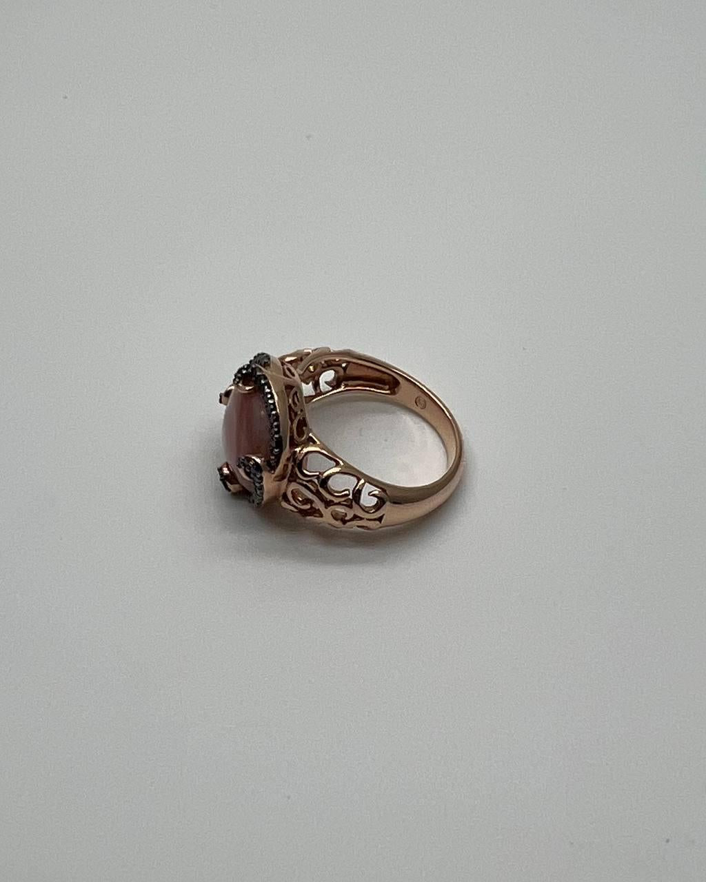 Pink Translucent Mother of Pearl Black Diamonds Halo 14K Rose Gold Cocktail Ring