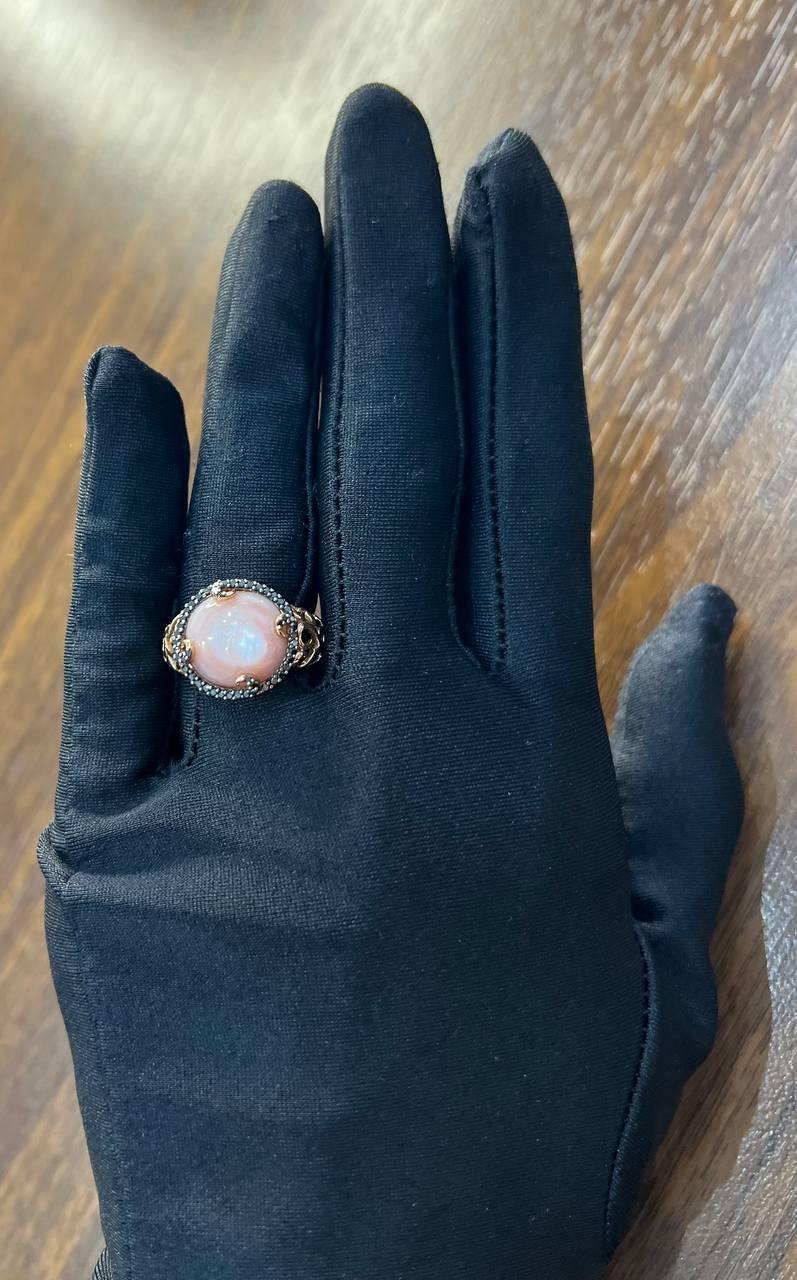 Pink Translucent Mother of Pearl Black Diamonds Halo 14K Rose Gold Cocktail Ring