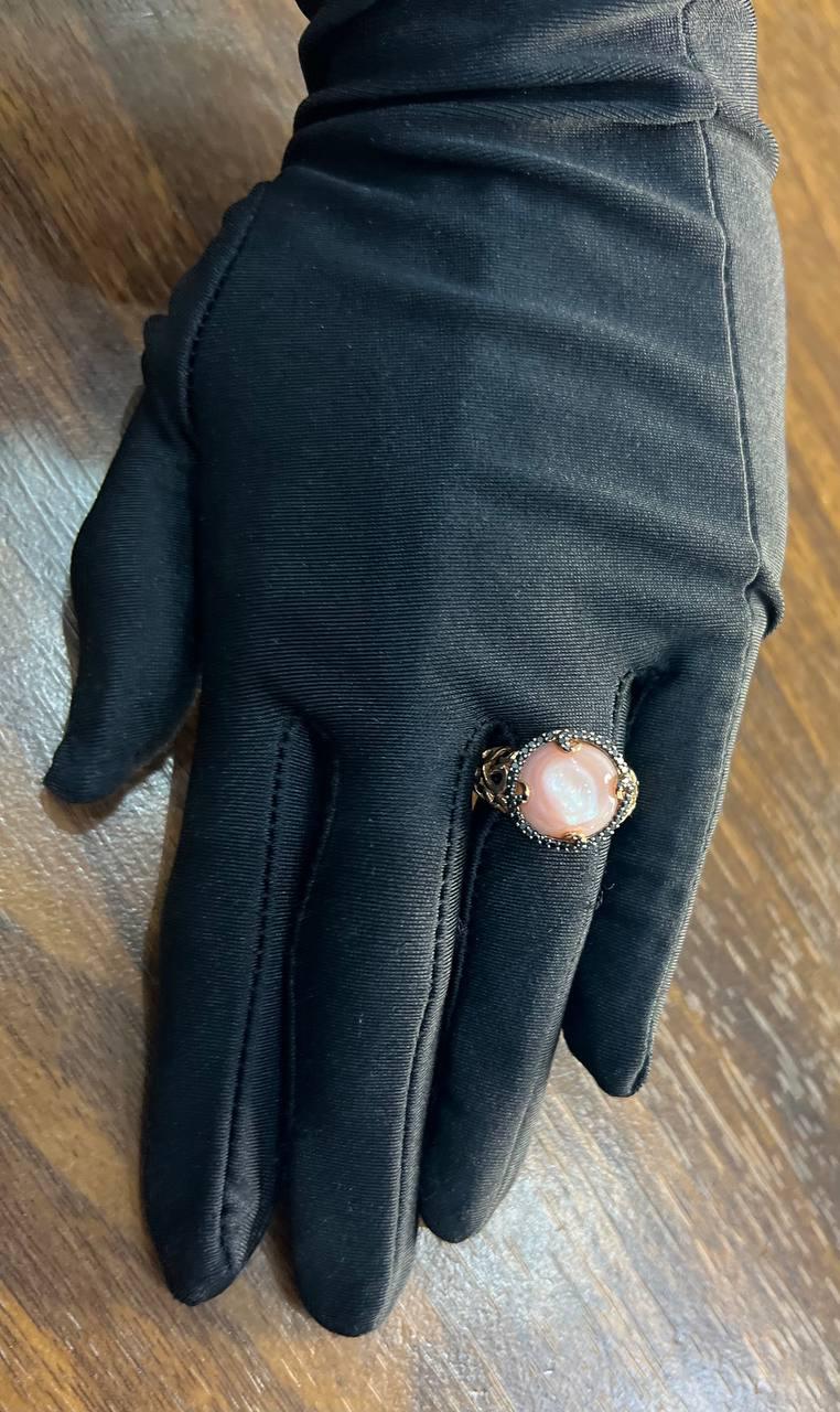 Pink Translucent Mother of Pearl Black Diamonds Halo 14K Rose Gold Cocktail Ring