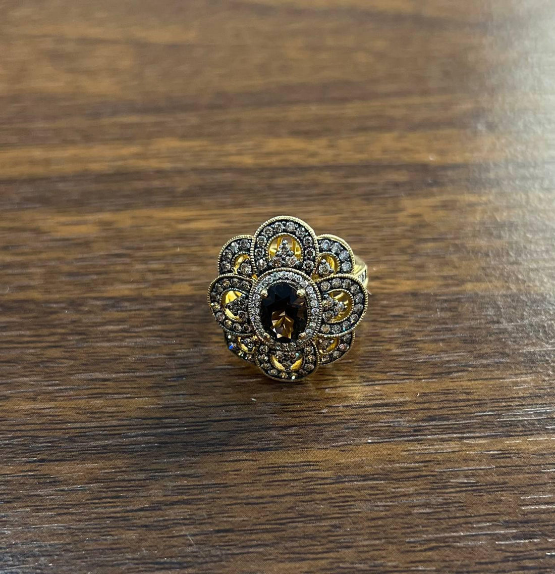 Smoky Brown Quartz Champagne White Diamonds Halo 14K Yellow Gold Statement Ring