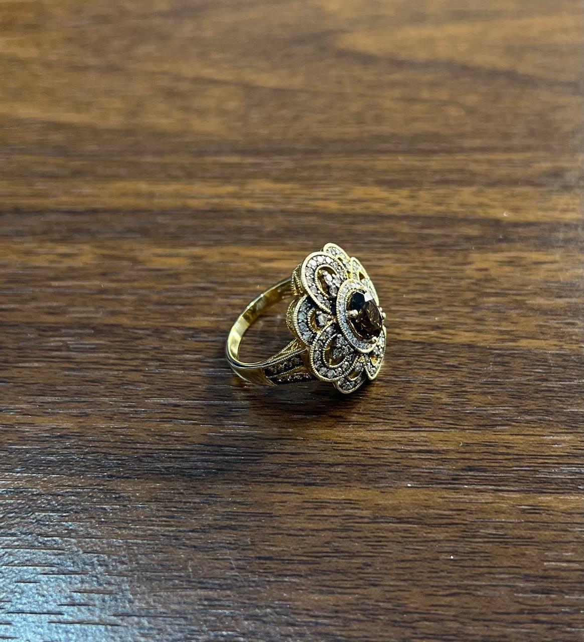 Smoky Brown Quartz Champagne White Diamonds Halo 14K Yellow Gold Statement Ring