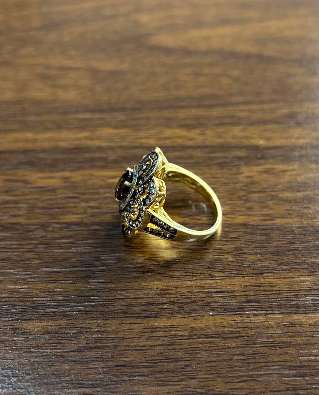 Smoky Brown Quartz Champagne White Diamonds Halo 14K Yellow Gold Statement Ring