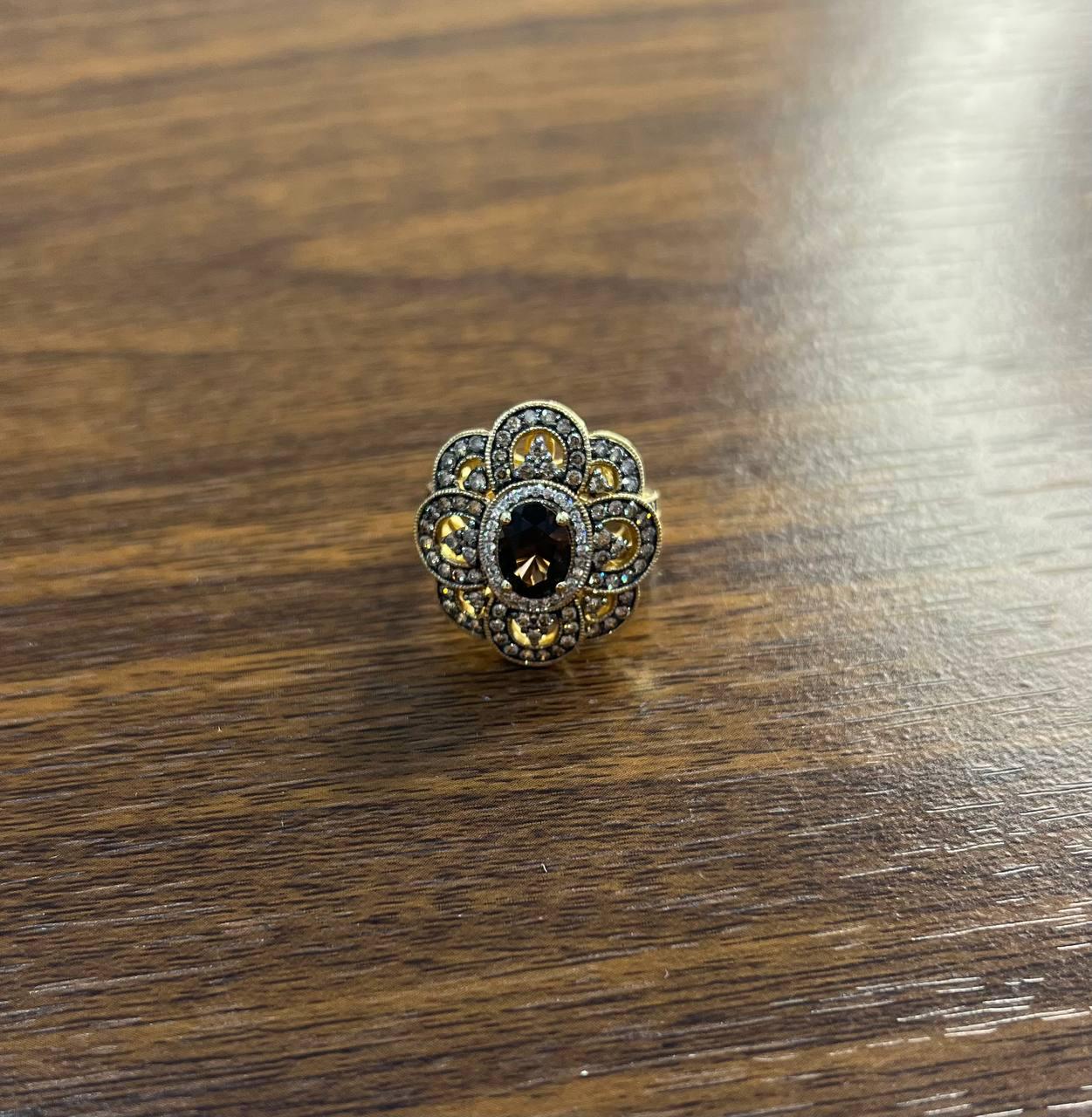 Smoky Brown Quartz Champagne White Diamonds Halo 14K Yellow Gold Statement Ring