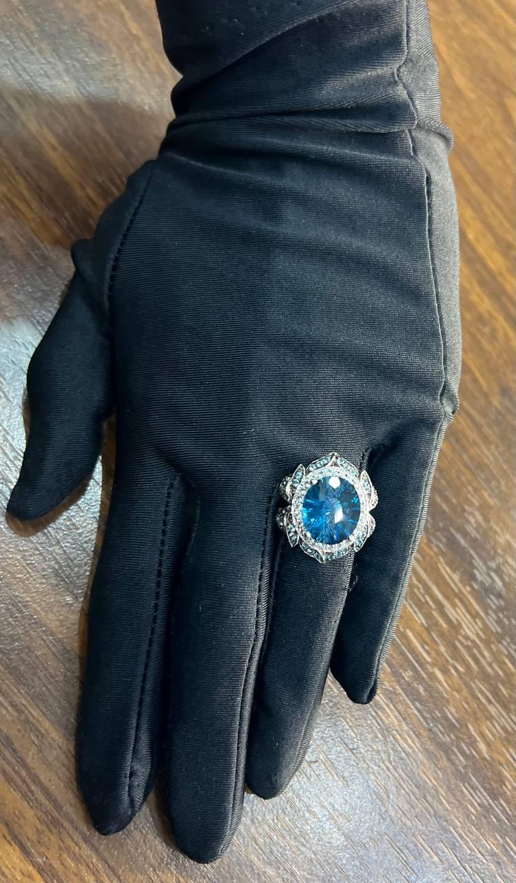 Large Oval London Blue Topaz Diamond Pave Halo 14K White Gold Ring