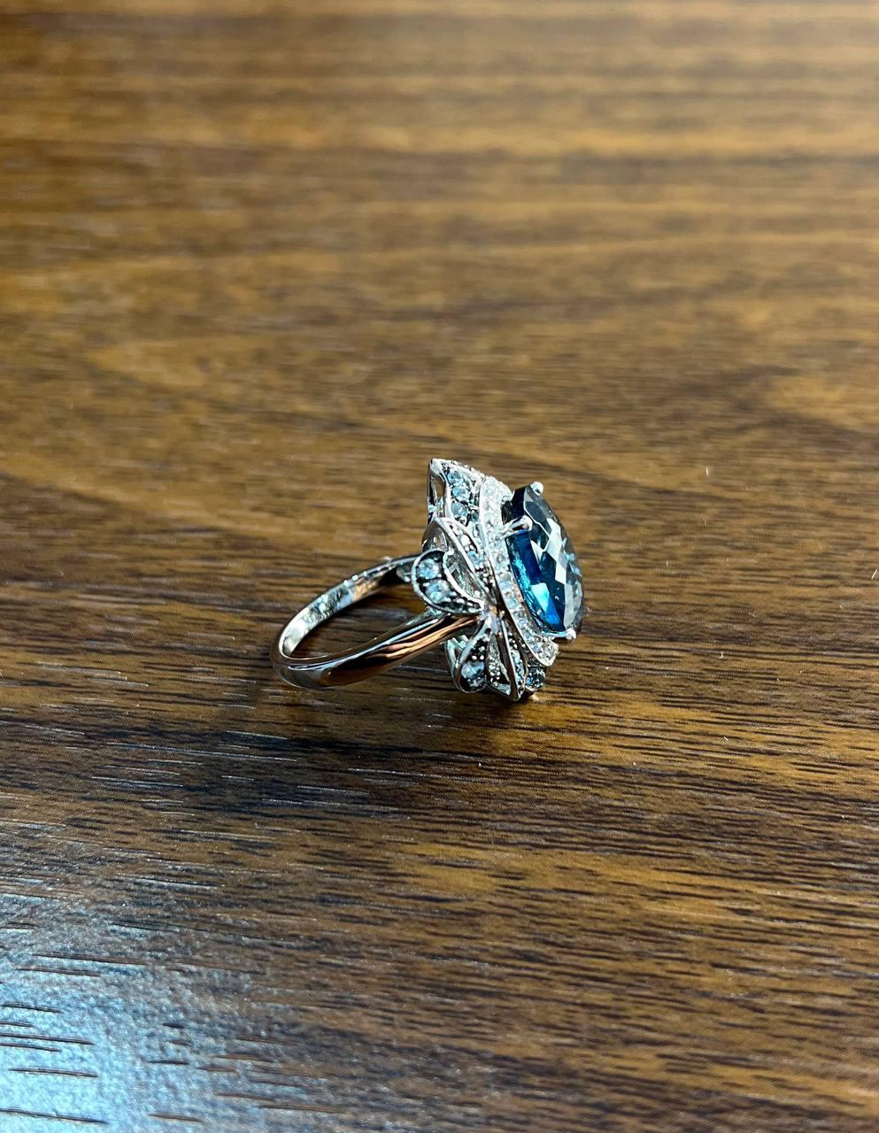 Large Oval London Blue Topaz Diamond Pave Halo 14K White Gold Ring