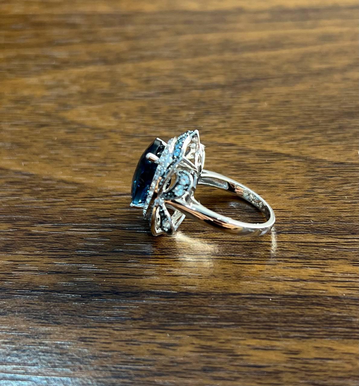 Large Oval London Blue Topaz Diamond Pave Halo 14K White Gold Ring