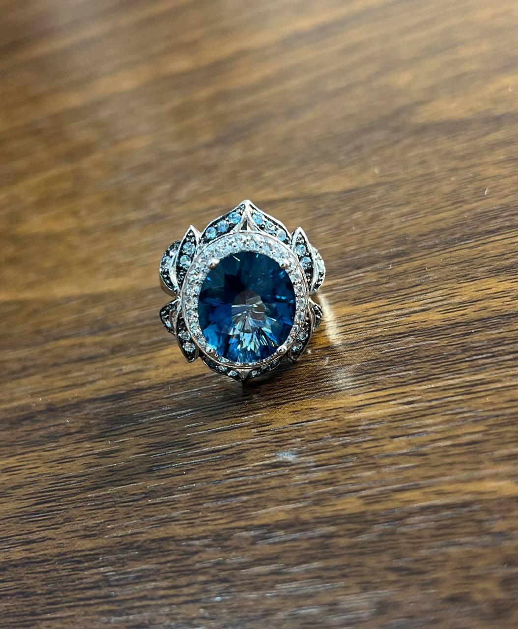 Large Oval London Blue Topaz Diamond Pave Halo 14K White Gold Ring