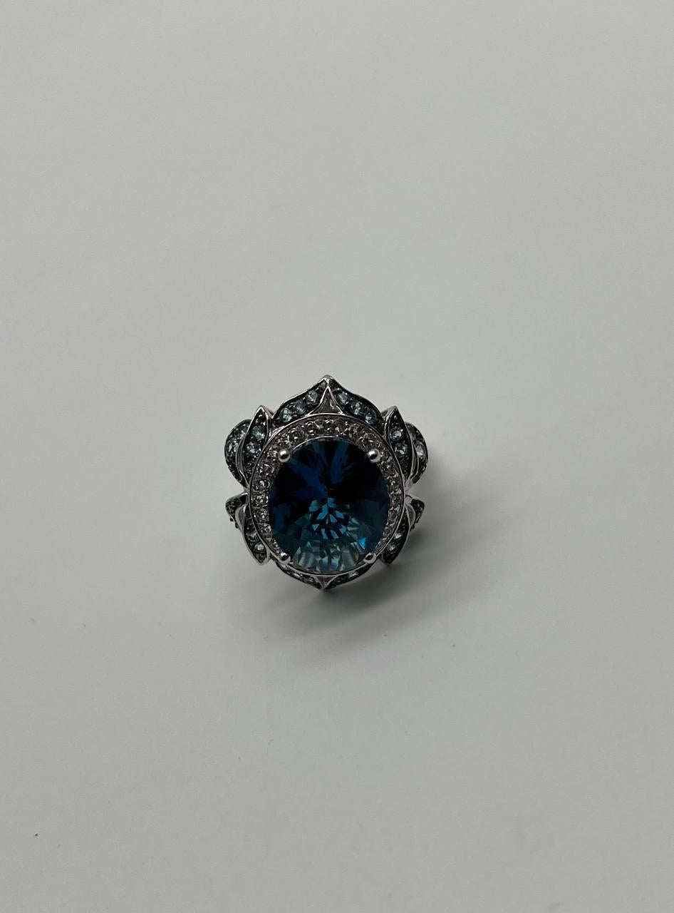 Large Oval London Blue Topaz Diamond Pave Halo 14K White Gold Ring