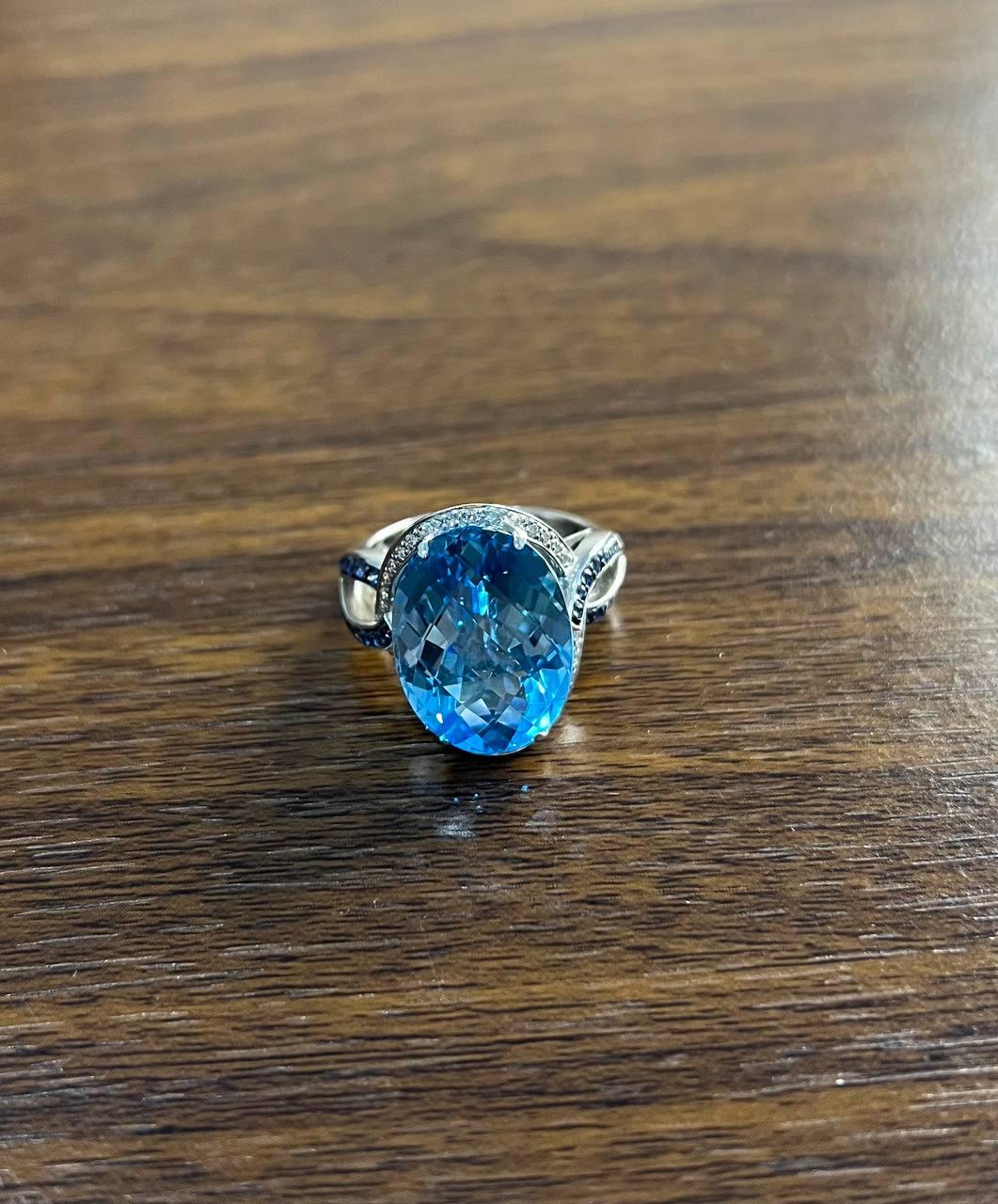 Oval Cut Blue Topaz Intertwining Sapphire Diamond Halo White Gold Statement Ring