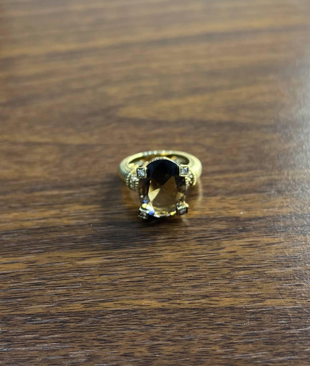 Oval Cut Brown Smoky Quartz Diamond 14K Yellow Gold Sculptural Shield Ring