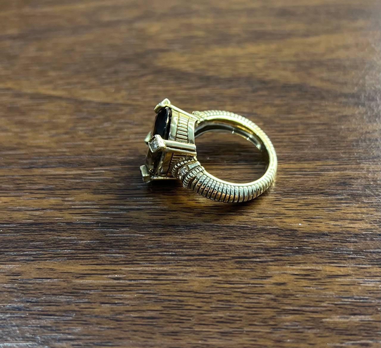 Oval Cut Brown Smoky Quartz Diamond 14K Yellow Gold Sculptural Shield Ring