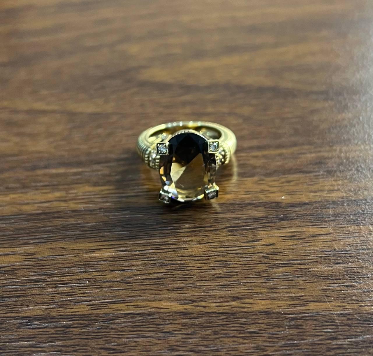 Oval Cut Brown Smoky Quartz Diamond 14K Yellow Gold Sculptural Shield Ring