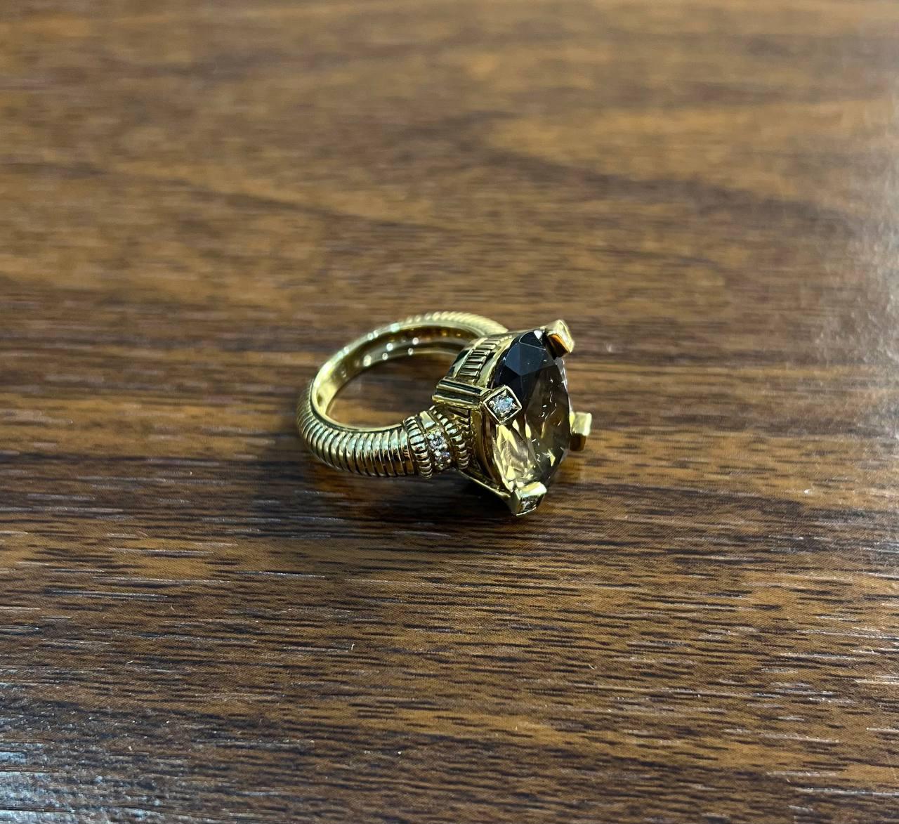 Oval Cut Brown Smoky Quartz Diamond 14K Yellow Gold Sculptural Shield Ring