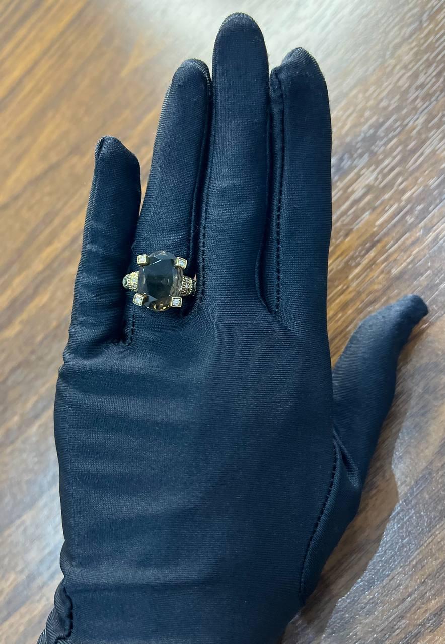 Oval Cut Brown Smoky Quartz Diamond 14K Yellow Gold Sculptural Shield Ring