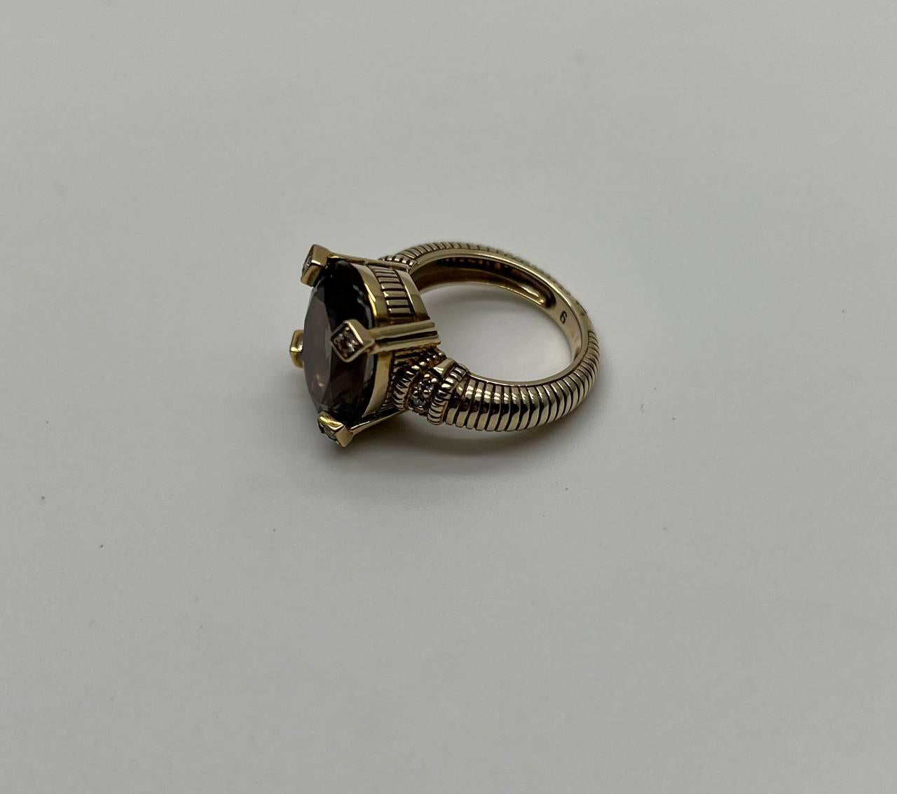 Oval Cut Brown Smoky Quartz Diamond 14K Yellow Gold Sculptural Shield Ring