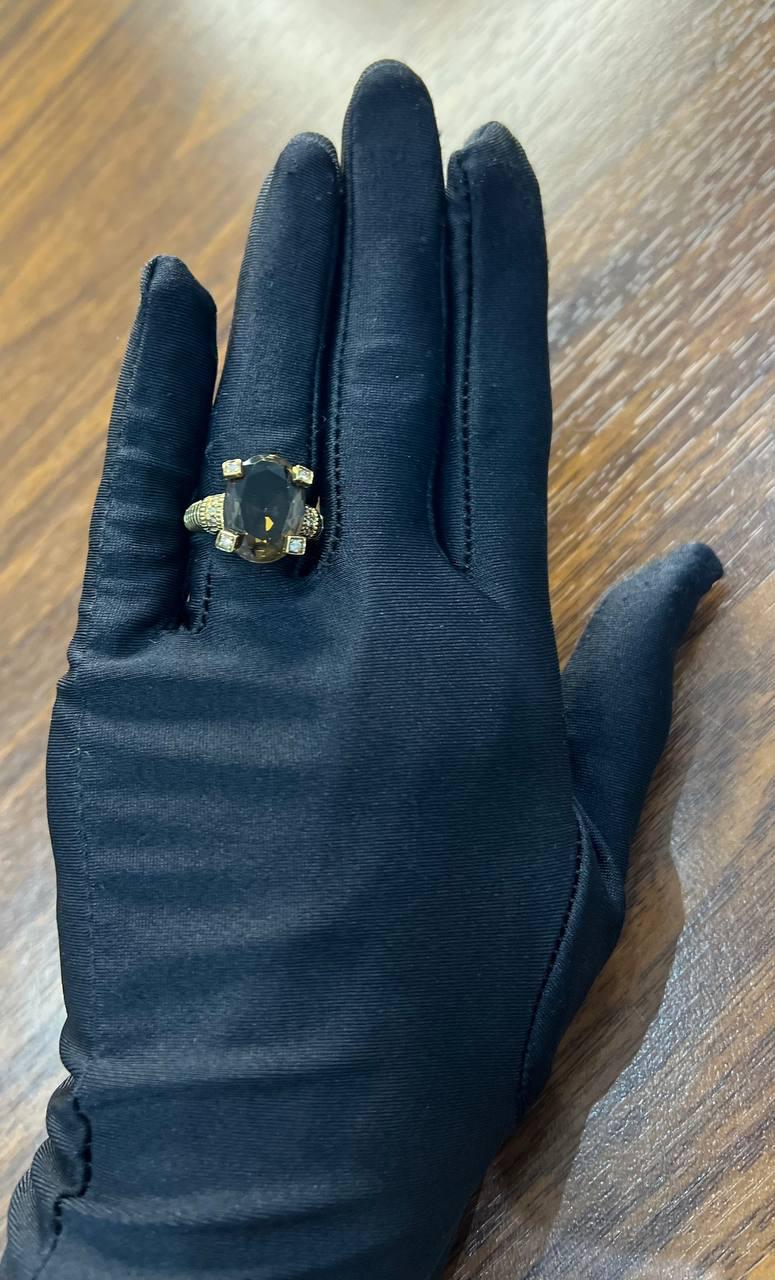 Oval Cut Brown Smoky Quartz Diamond 14K Yellow Gold Sculptural Shield Ring
