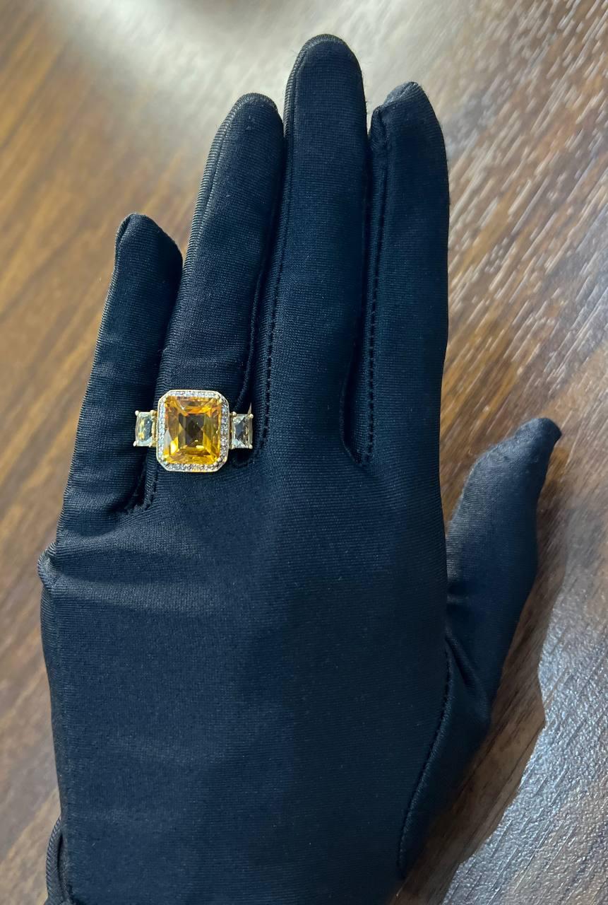 Rectangular Orange Citrine Diamond Halo Quartz Sides 18K Gold Statement Ring