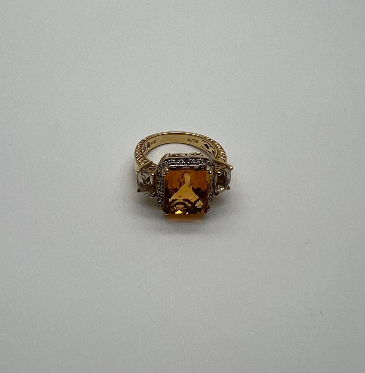 Rectangular Orange Citrine Diamond Halo Quartz Sides 18K Gold Statement Ring