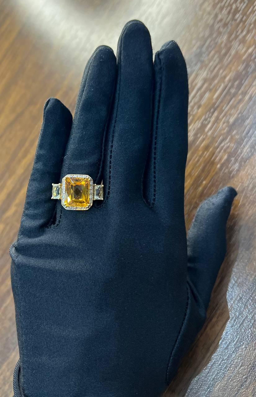 Rectangular Orange Citrine Diamond Halo Quartz Sides 18K Gold Statement Ring