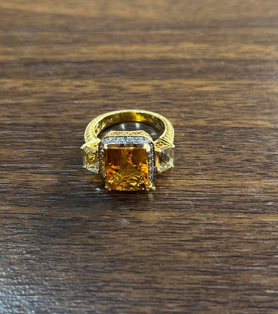 Rectangular Orange Citrine Diamond Halo Quartz Sides 18K Gold Statement Ring