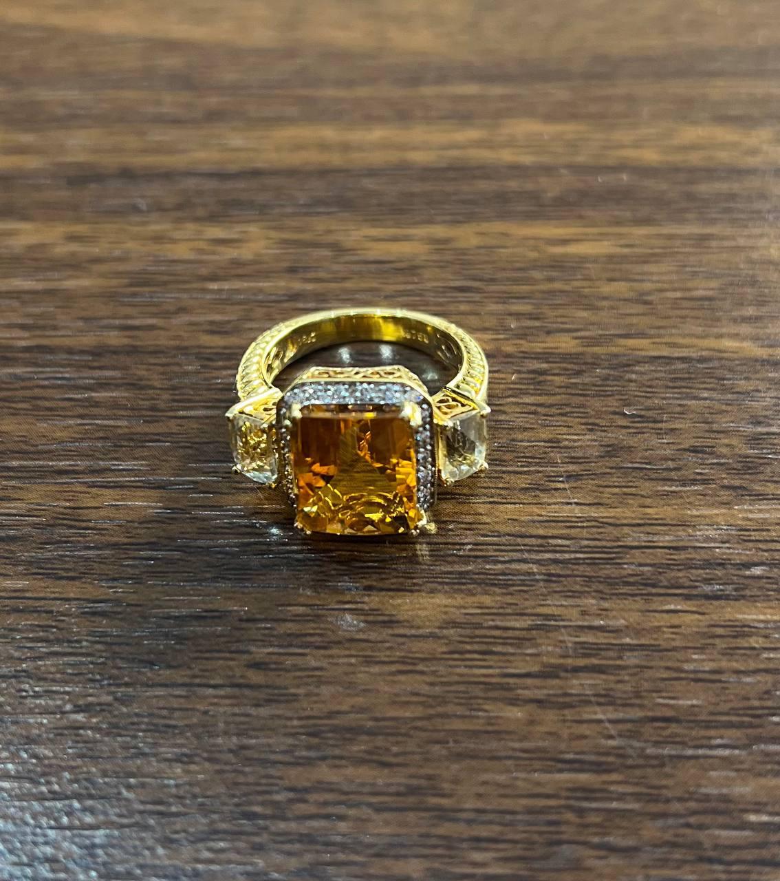 Rectangular Orange Citrine Diamond Halo Quartz Sides 18K Gold Statement Ring