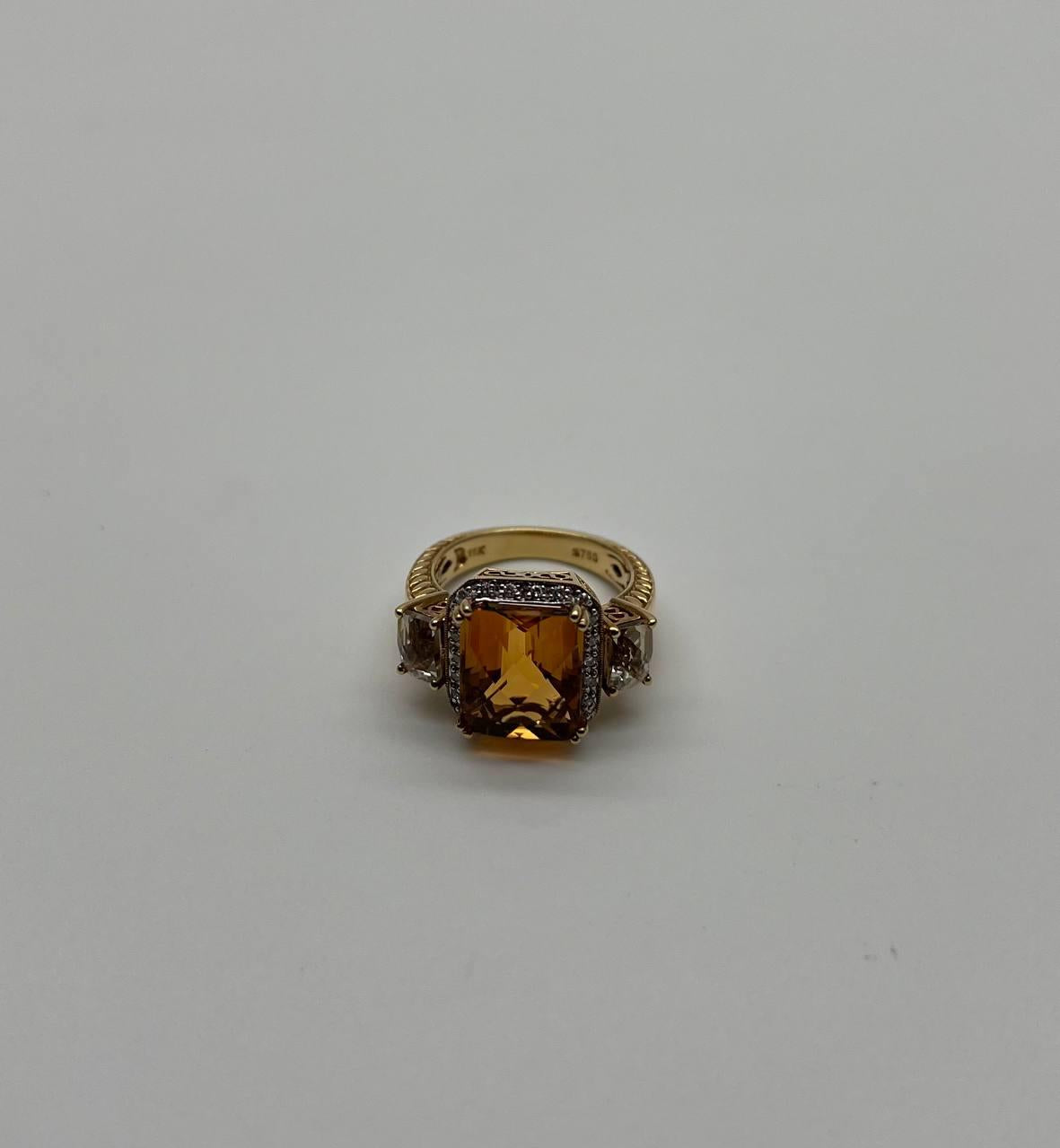 Rectangular Orange Citrine Diamond Halo Quartz Sides 18K Gold Statement Ring