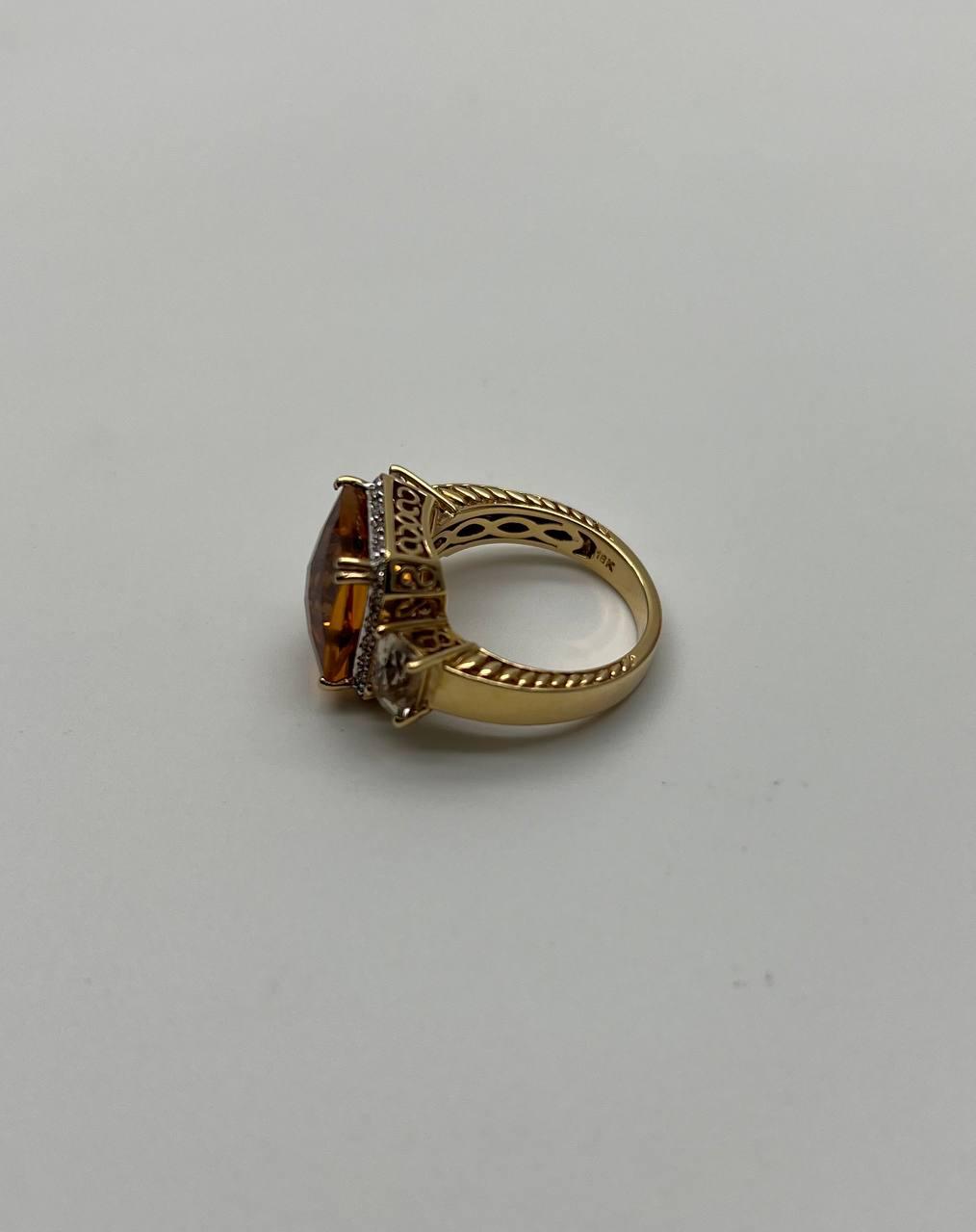 Rectangular Orange Citrine Diamond Halo Quartz Sides 18K Gold Statement Ring
